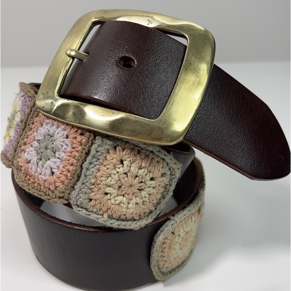 ELISE M‎ Genuine Leather Brass Buckle Belt Crochet Squares Pastel Size S/M 40"L